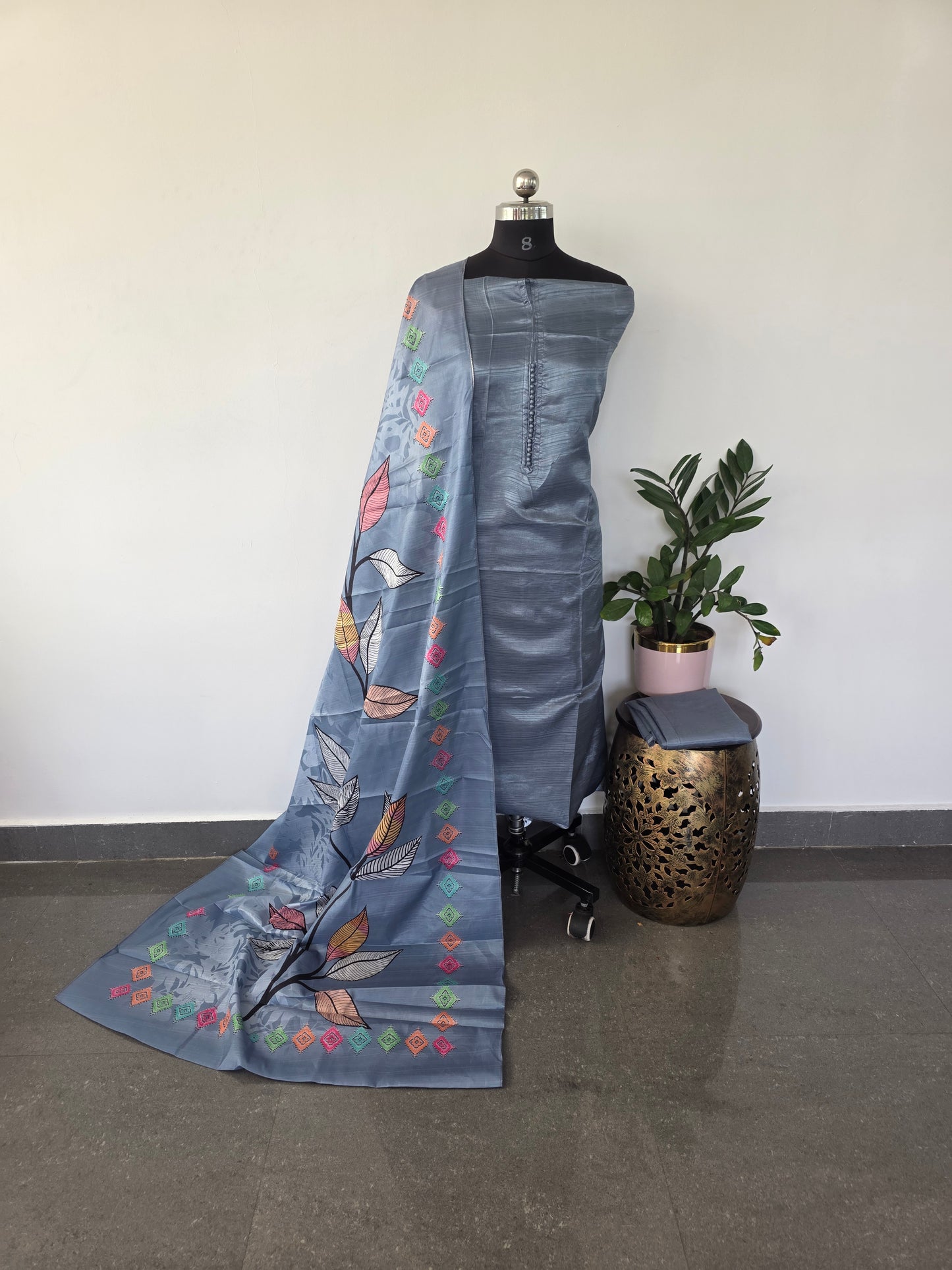 Fancy silk set with floral silk shawl-FSA13