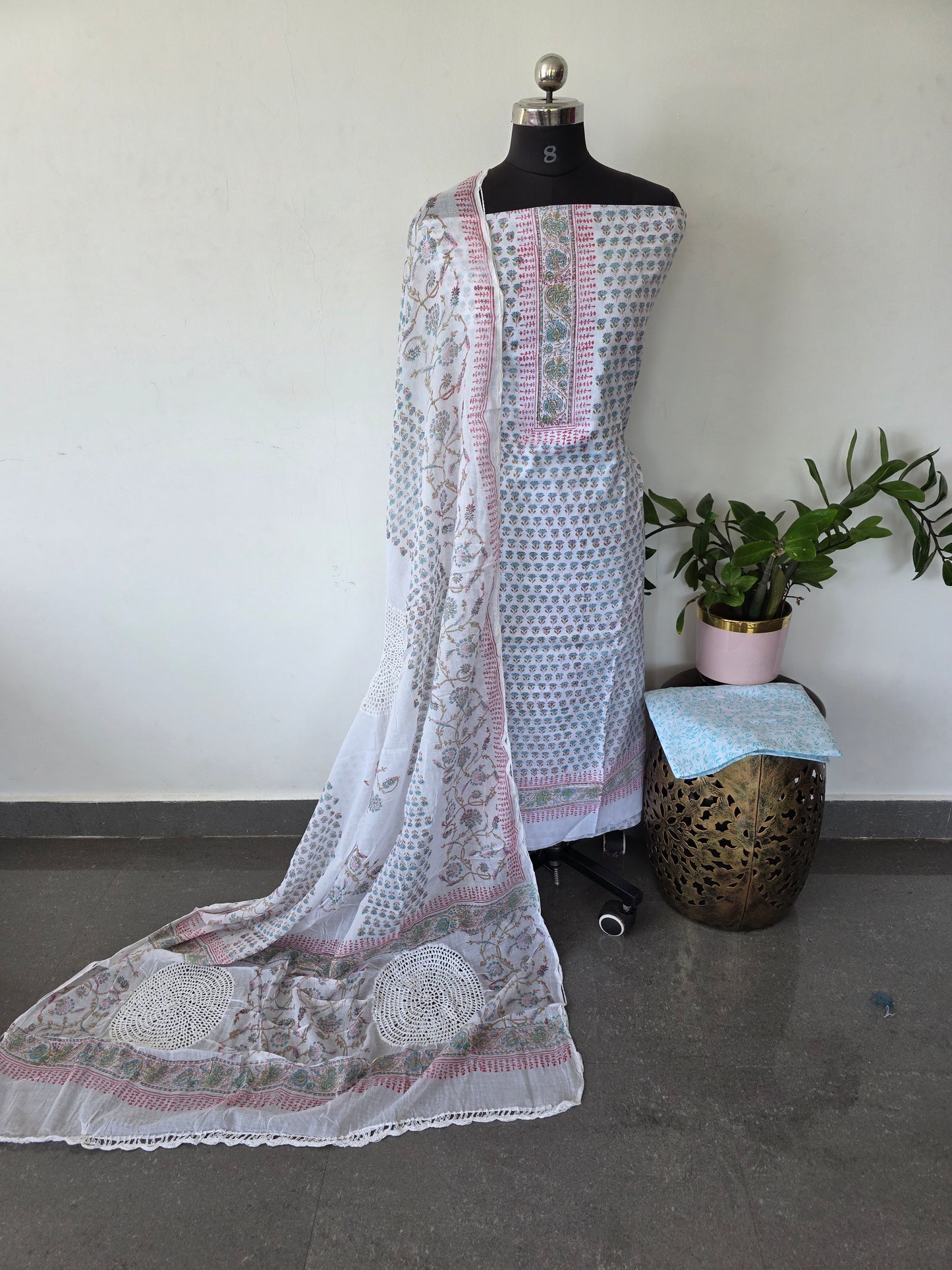 Jaipuri cotton block printed salwar set with crochet work duppatta - AS97