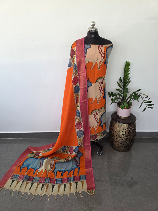 Handcrafted Kalahasthi Penkalamkari bangalore silk set- HP22