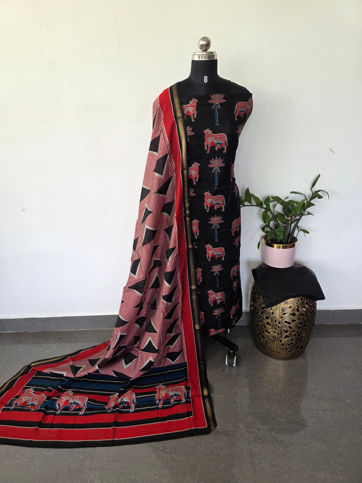 Ajrakh inspired semi maheshwari silk set(Black)-HZ382