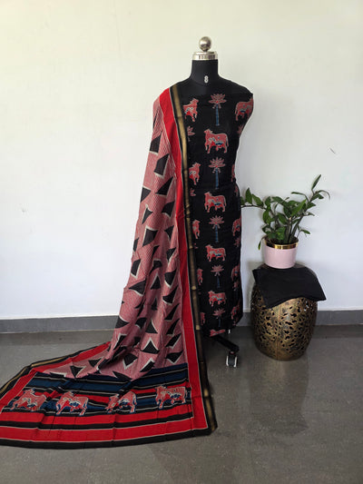 Ajrakh inspired semi maheshwari silk set(Black)-HZ382