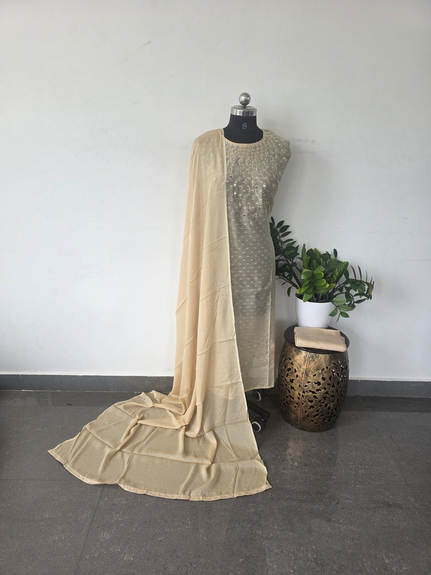 Premium silk cotton with mirror work neck  -301