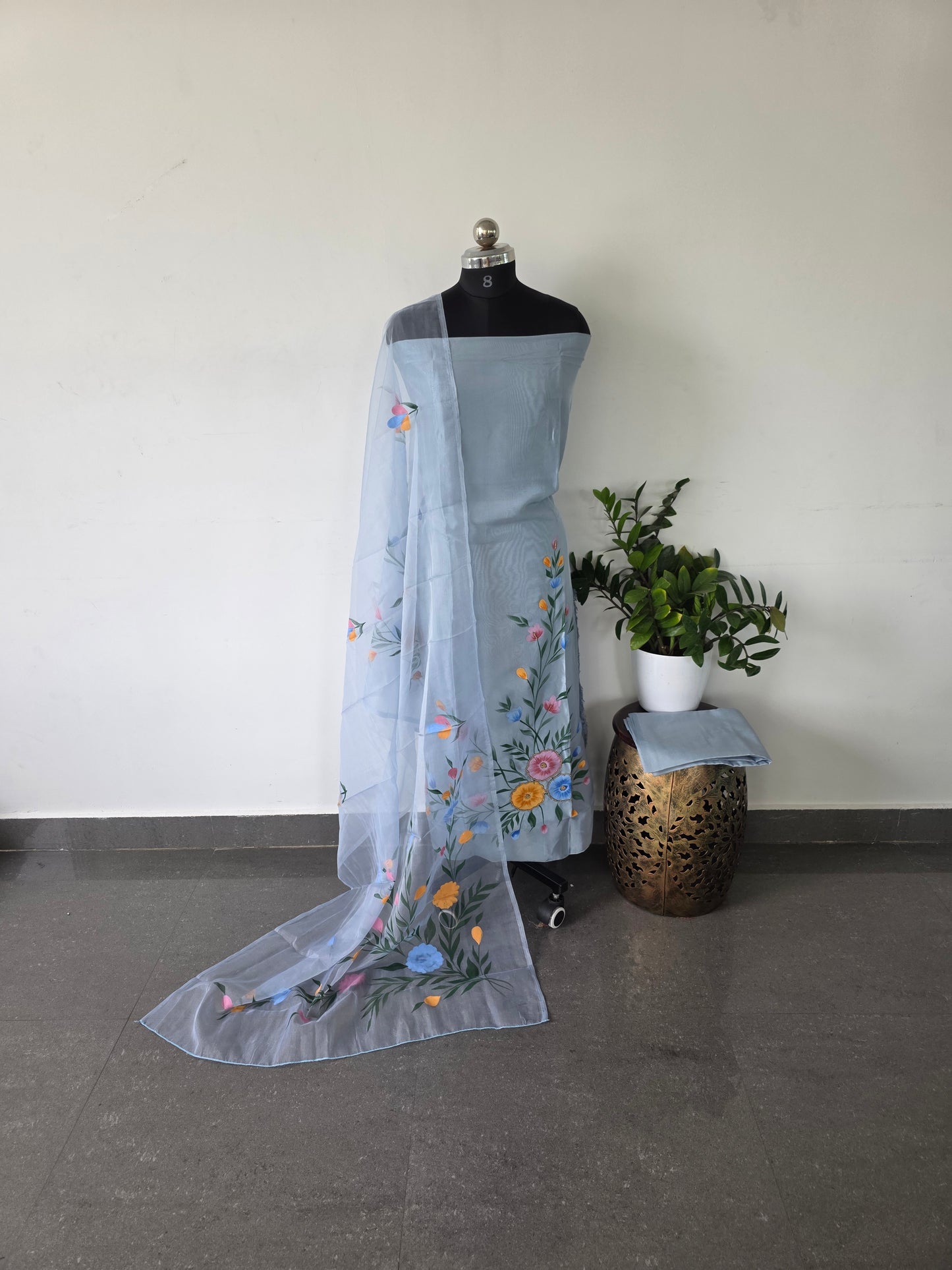 Premium handpainted soft organza silk top with handwork embroidery - 4