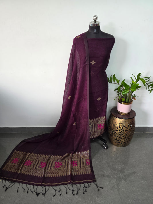 Premium handloom linen jamdhani set (brown )- JMM216