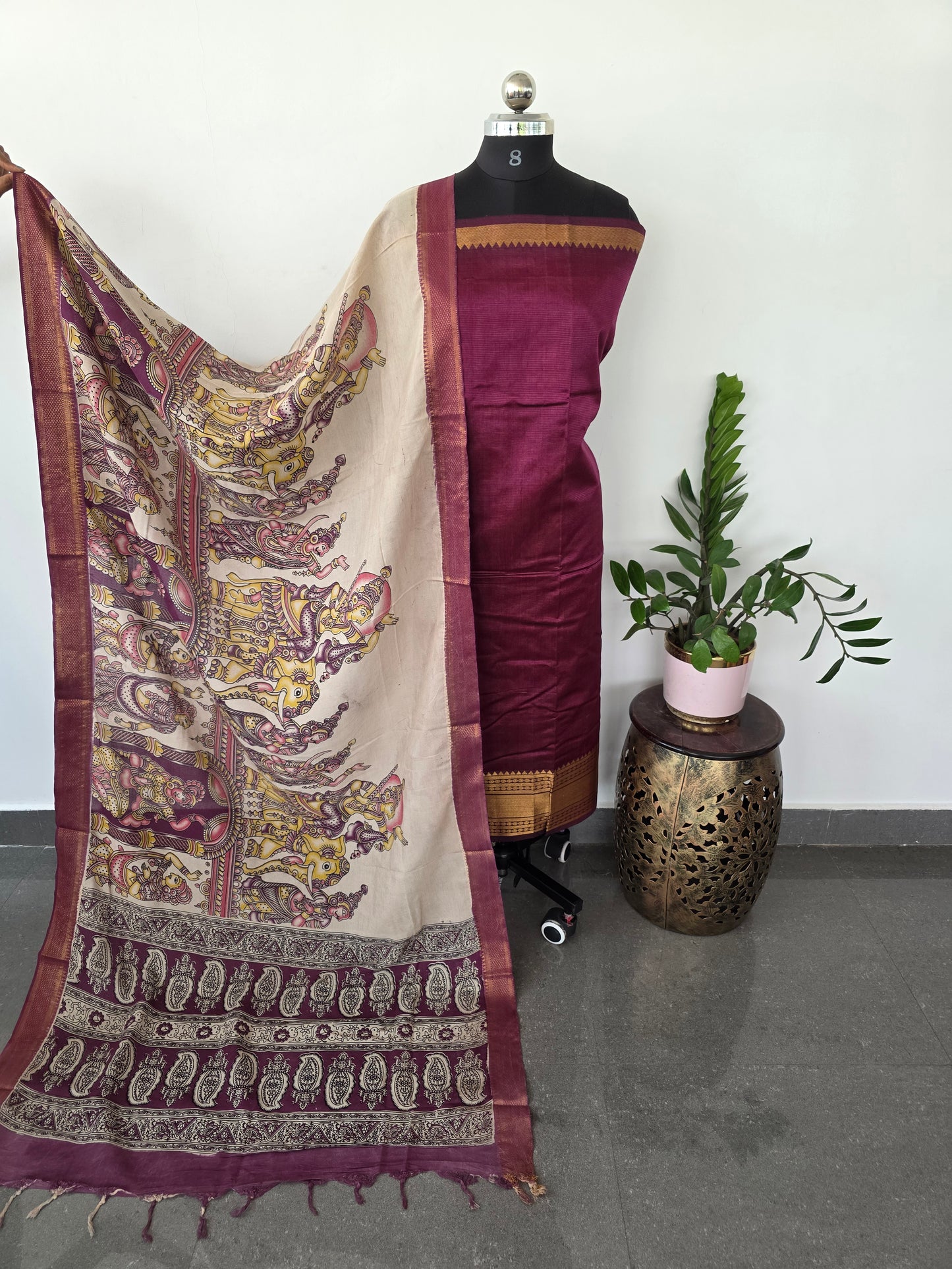 Handloom Mangalagiri silk kanchi border top with chennuri silk kalamkari shawl  - AK99