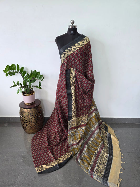Handblock Jaipuri linen cotton saree - JA819