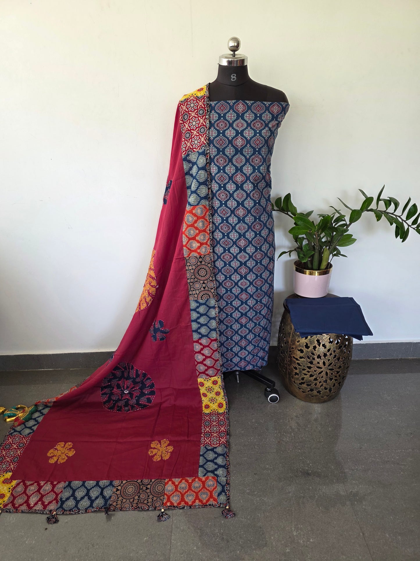 Handcrafted ajrakh cotton top with applique cotton shawl - BAA30