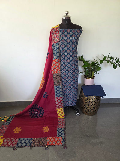 Handcrafted ajrakh cotton top with applique cotton shawl - BAA30
