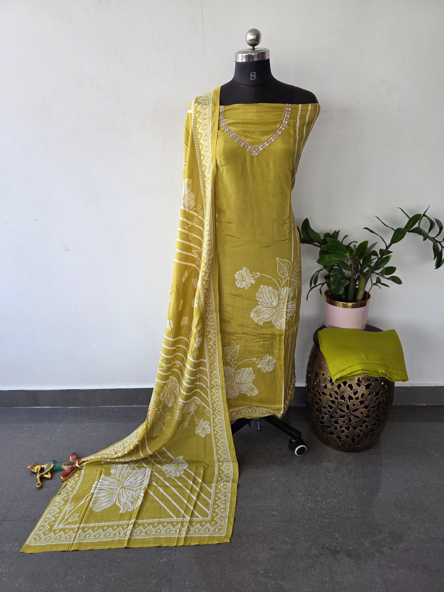 Lemonish green Floral Modal salwar set- VM57