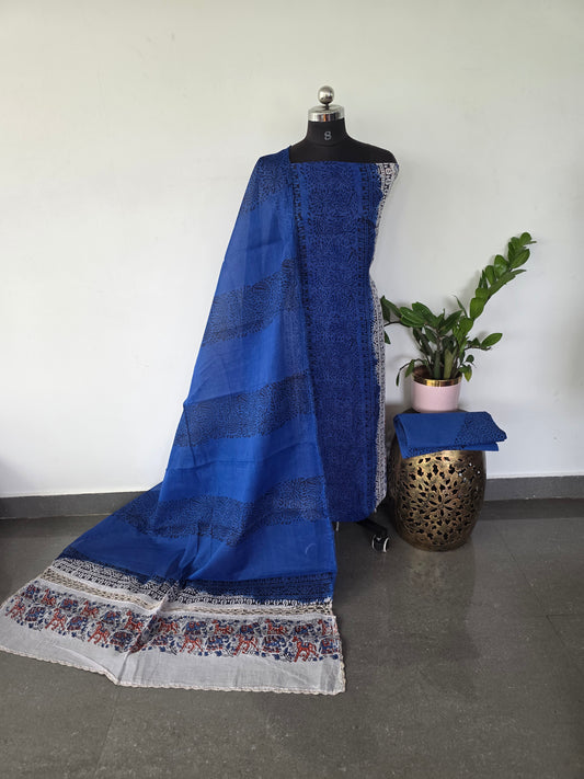 Handblock georgette salwar set with cotton duppatta with crochet lace border - GE96