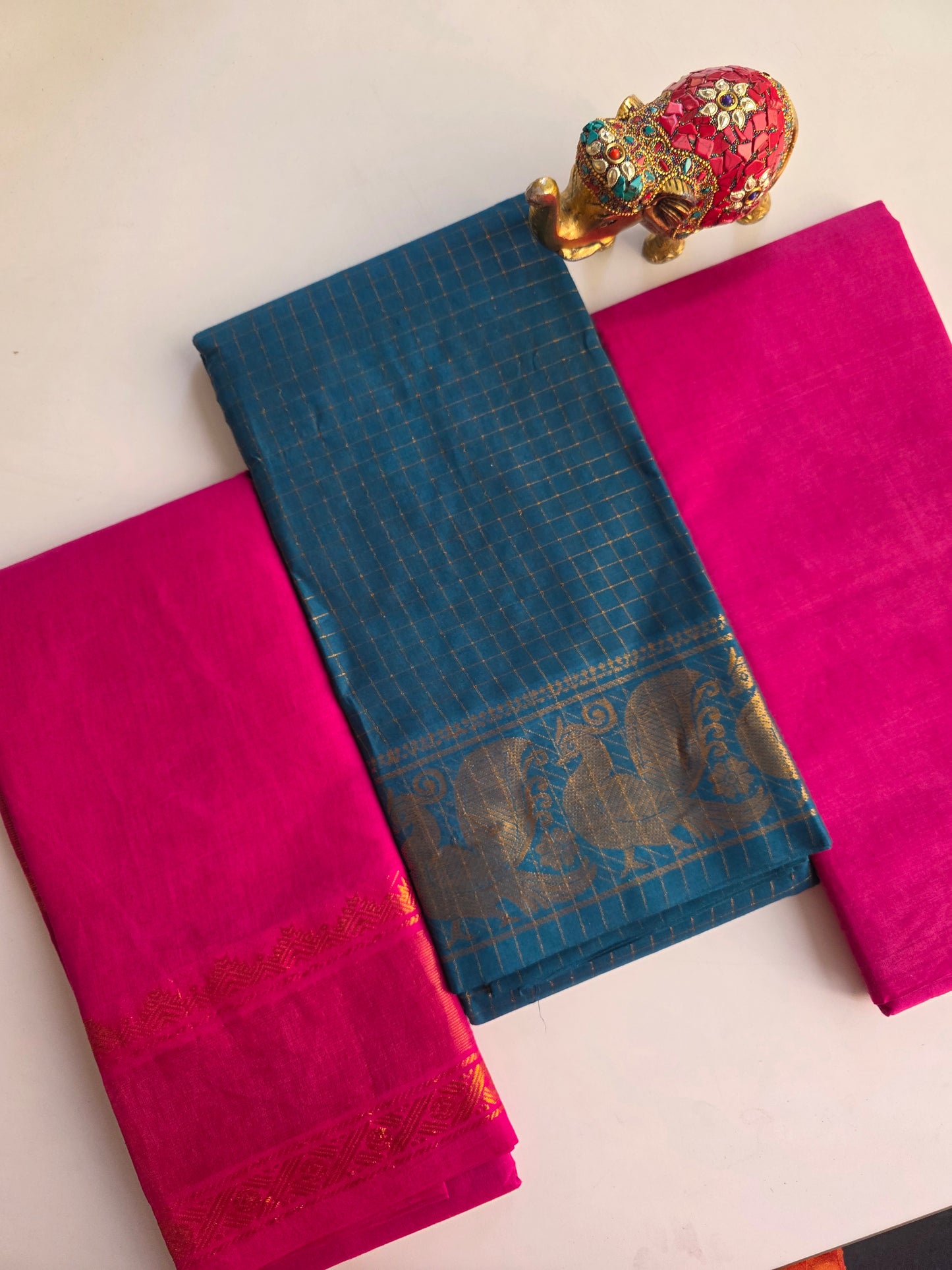 Madurai sungudi zari kattam salwar set -blue with pink