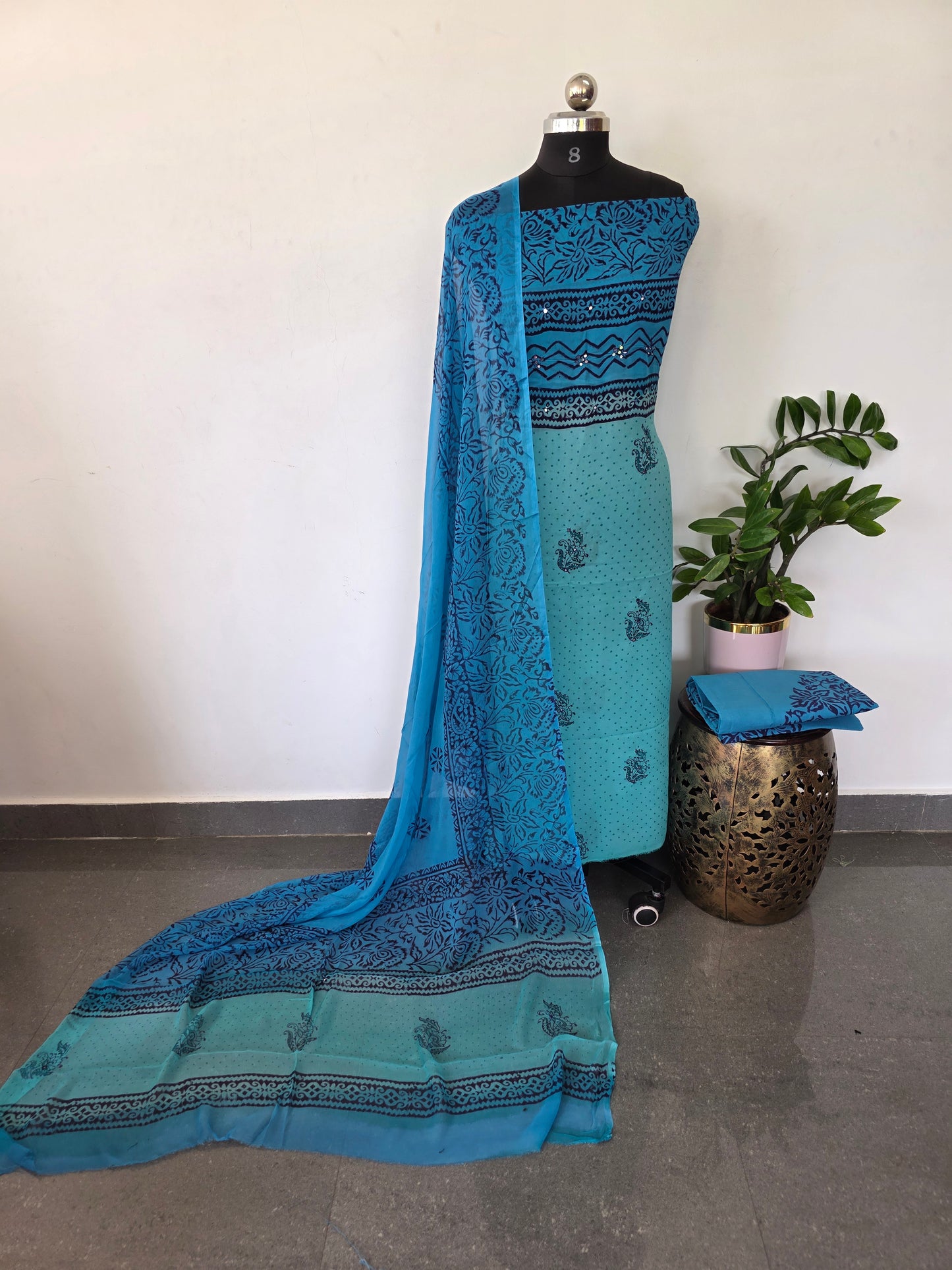 Handblock georgette salwar set with handwork mirror work- GE166