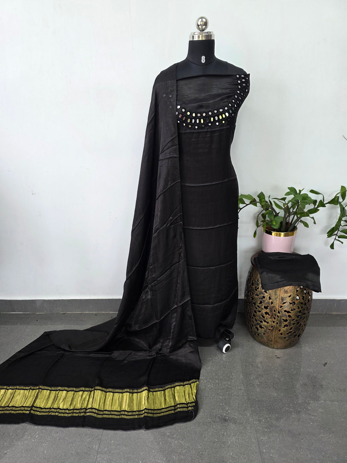 *Preorder 20-25 days*-          Kutch mirror work Modal silk set(Black)- B130