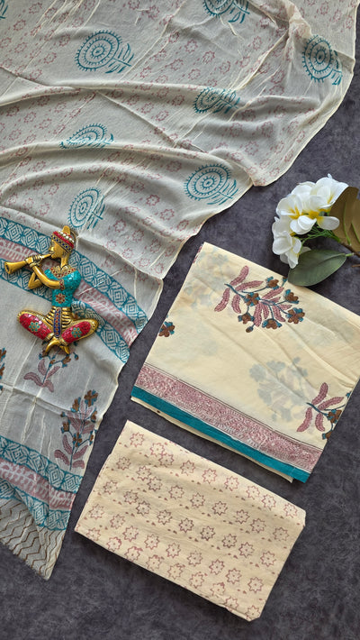 Handblock Jaipuri pure cotton with chiffon shawl - JX63