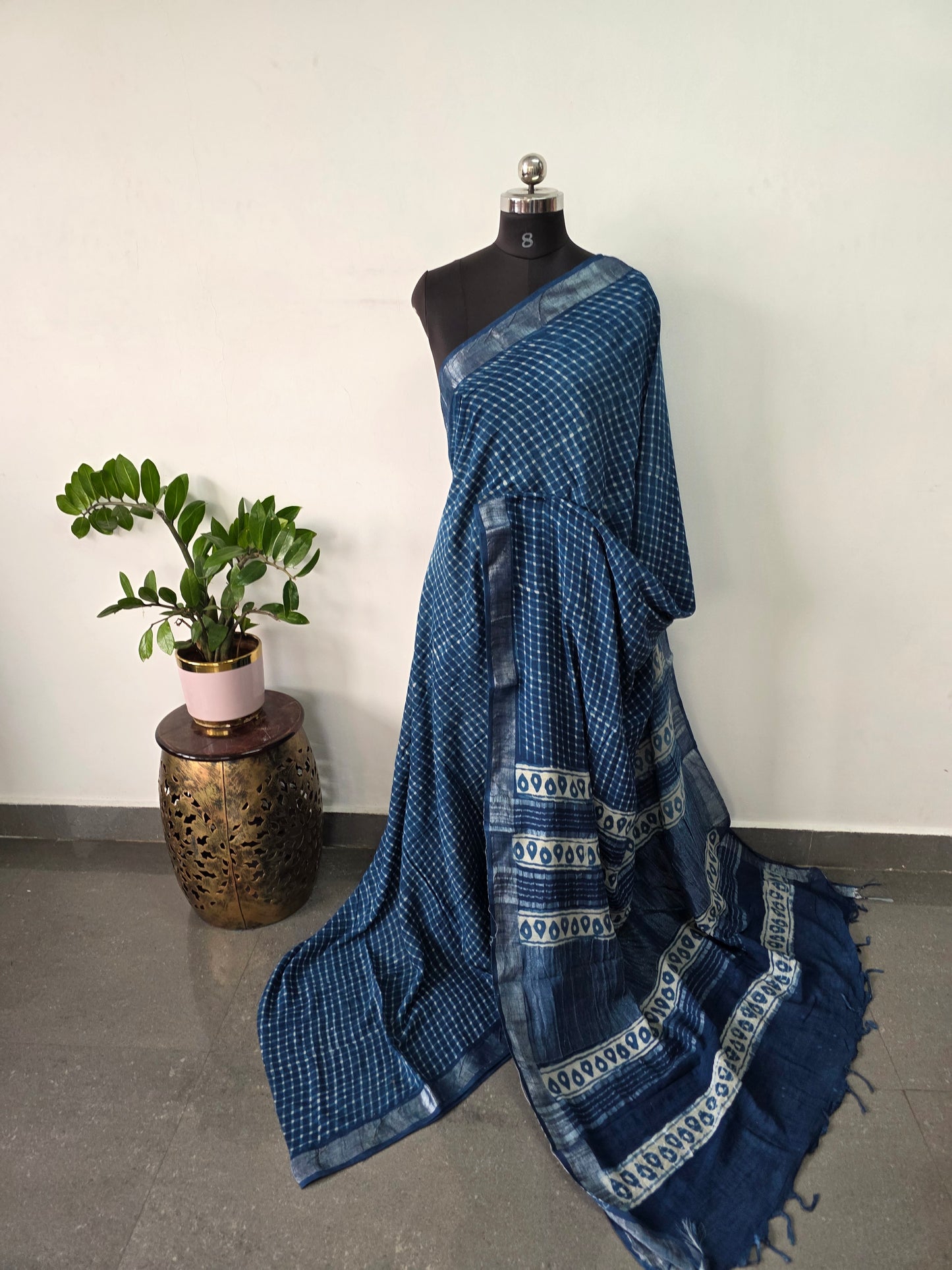 Handblock Jaipuri linen cotton saree - JA824