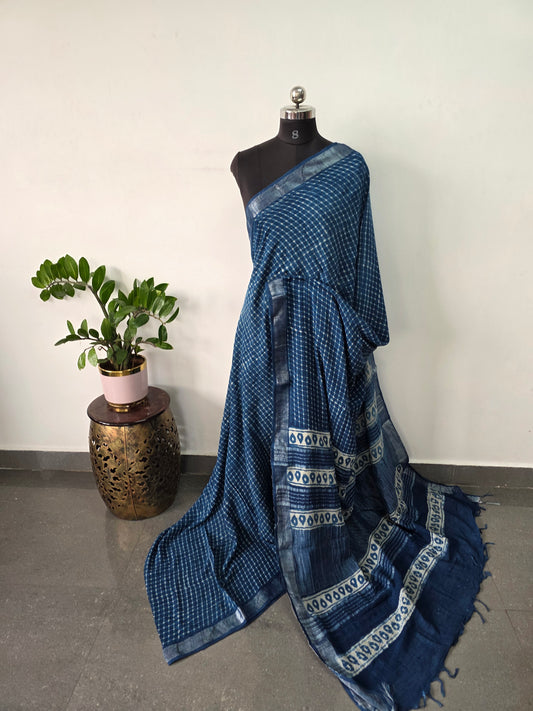 Handblock Jaipuri linen cotton saree - JA824