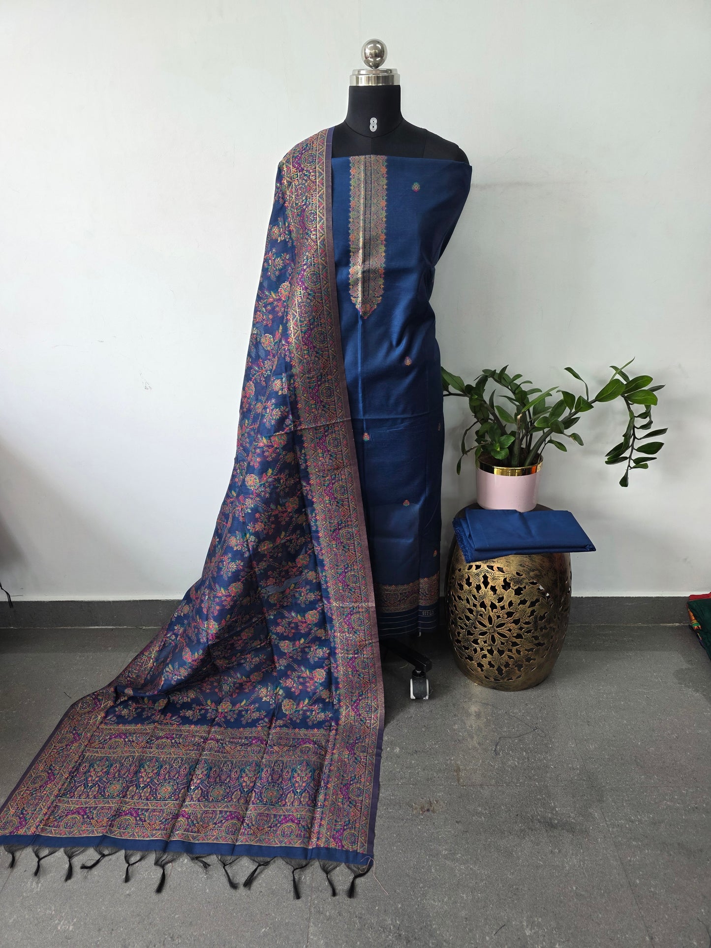 Premium silk cotton jamdhani set(blue)-AV356