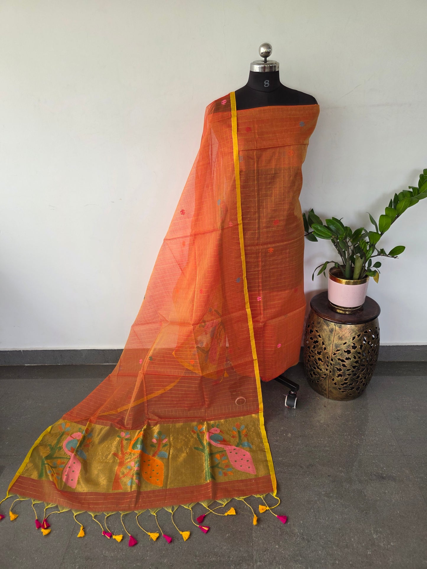 Handloom checked muslin paithani jamdhani set - BB352