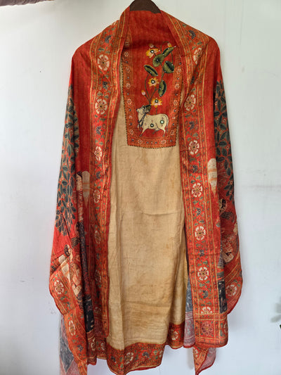 Penkalamkari inspired Muslin silk set-VM50