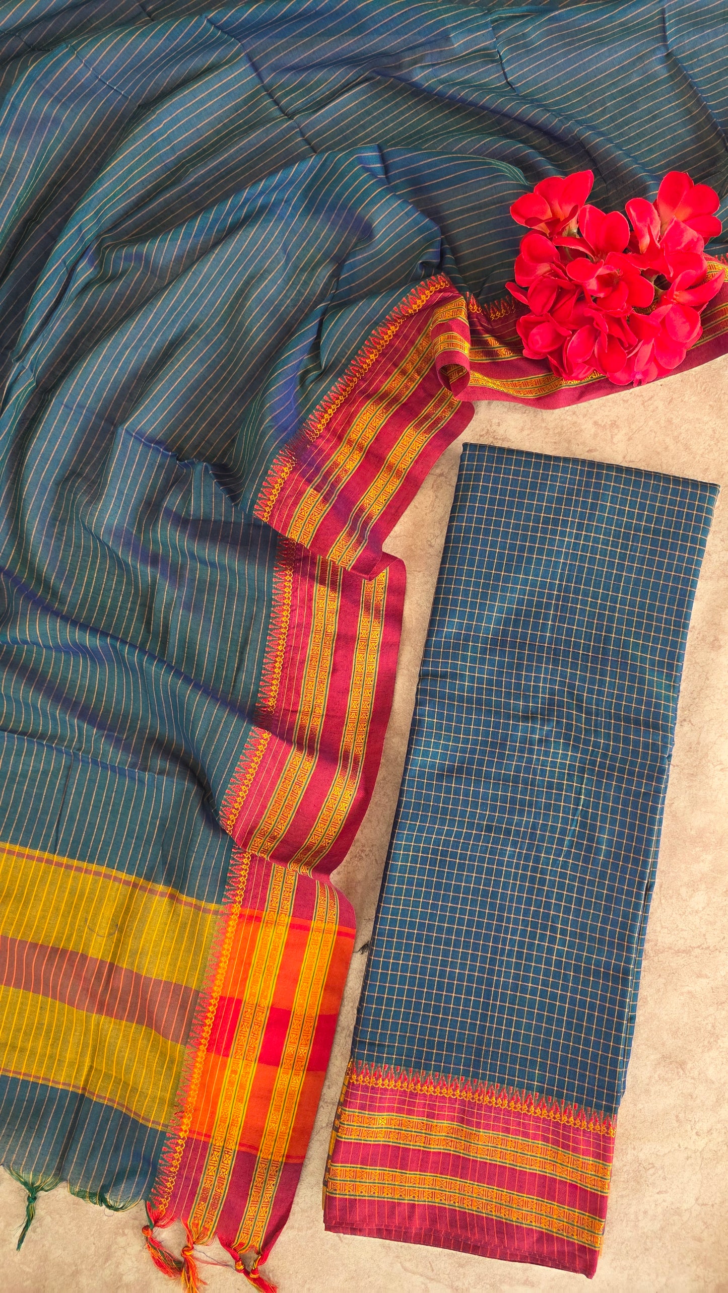 Mercerised checked narayanapet salwar set (peacock blue) (4.5 meters) - NA39