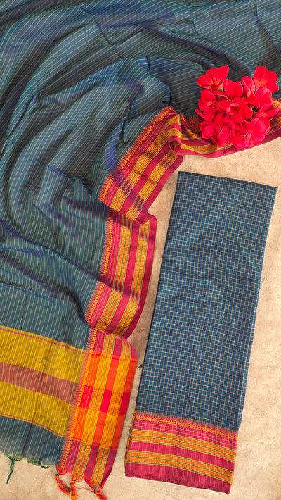 Mercerised checked narayanapet salwar set (peacock blue) (4.5 meters) - NA39