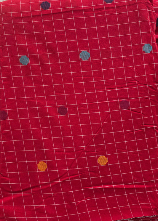 Pure checked handloom cotton running material (2.50 mtrs) -red