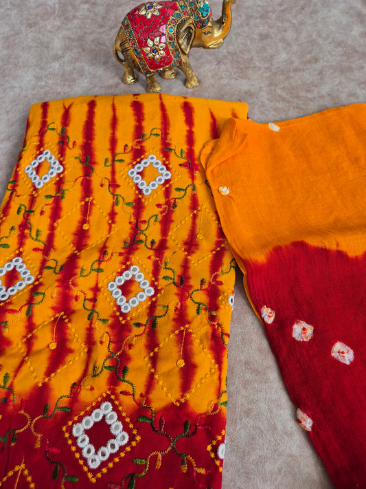 Embroidery bandhini rayon set