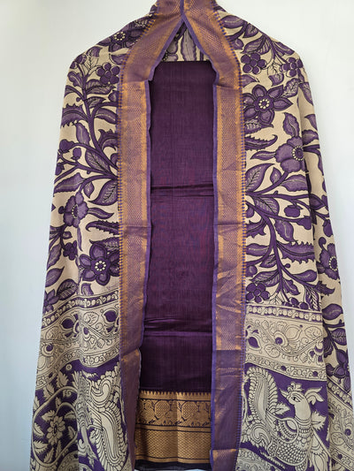 Handloom Mangalagiri silk kanchi border top with chennuri silk kalamkari shawl - AK94