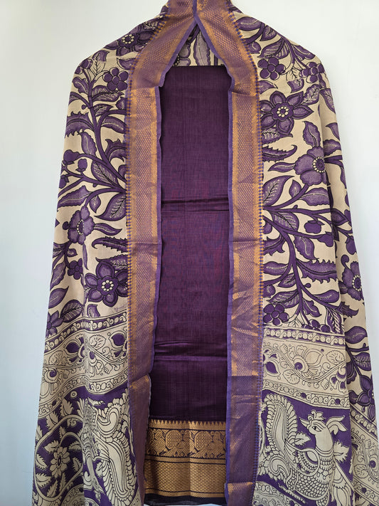 Handloom Mangalagiri silk kanchi border top with chennuri silk kalamkari shawl  - AK94