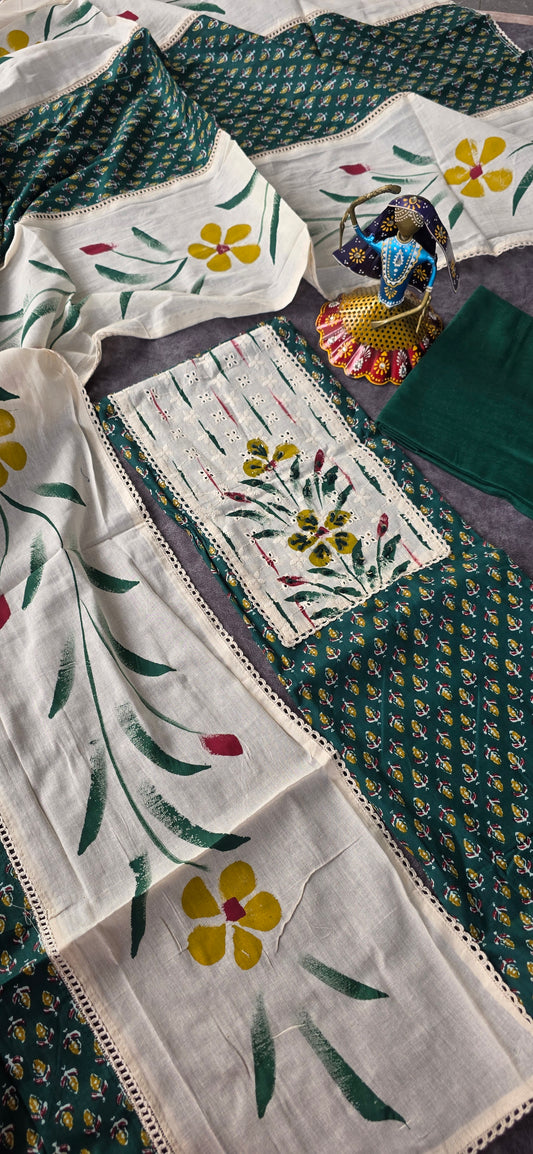 Pure jaipuri cotton with brush paint hakoba neck work  - 4
