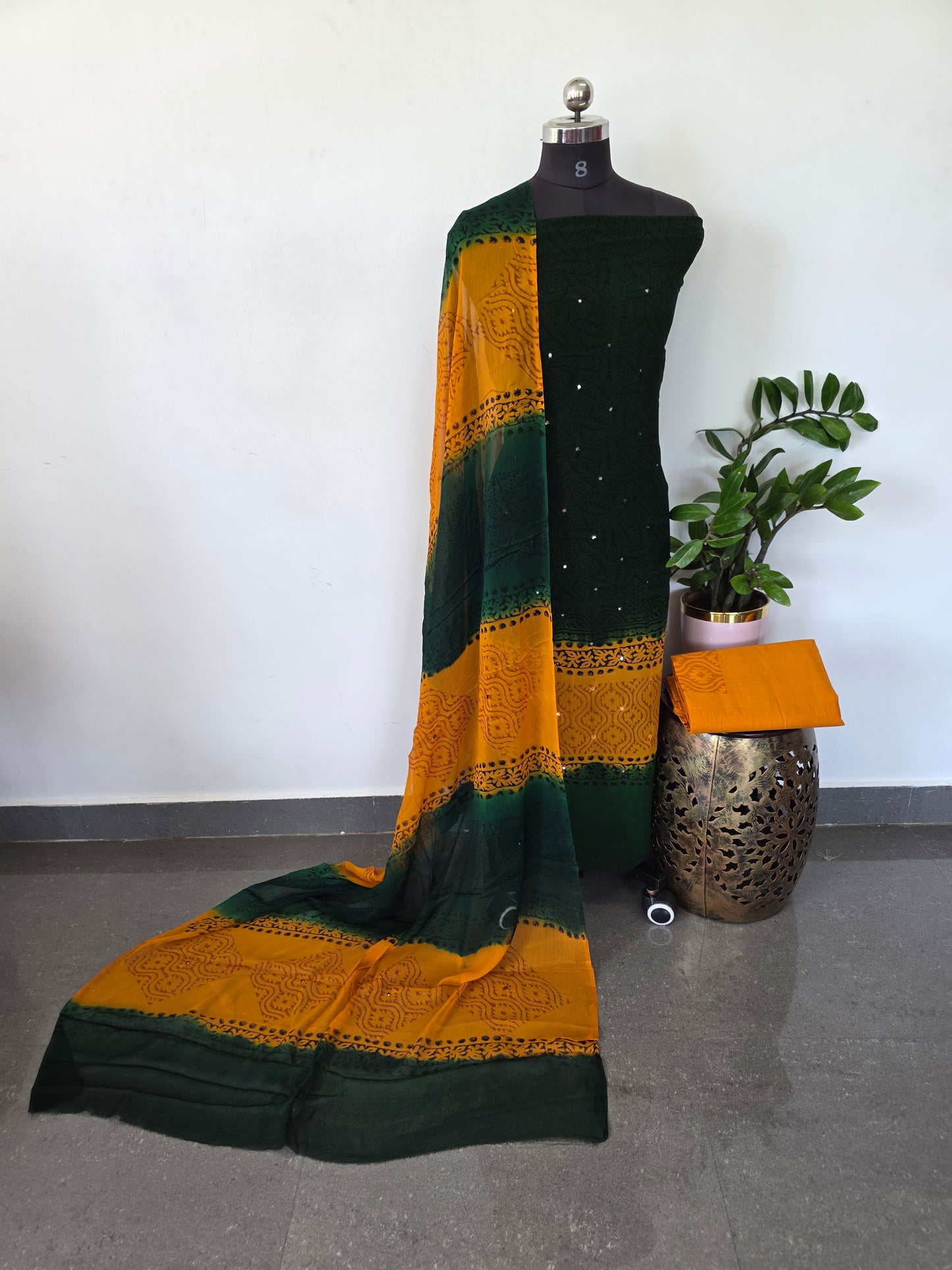 Handblock georgette salwar set with handwork mirror work- GE151