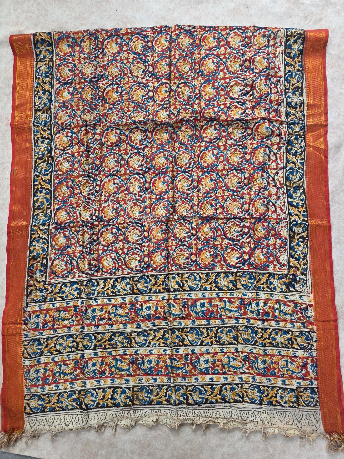 Pure chennuri handblock silk kalamkari with nizam border Dupatta  - 8