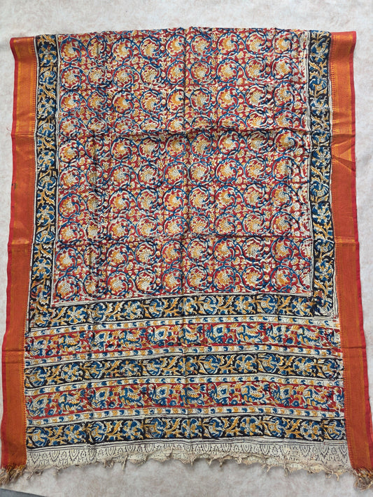 Pure chennuri handblock silk kalamkari with nizam border Dupatta  - 8