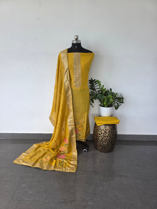 Premium fancy shimmer soft silk set - yellow