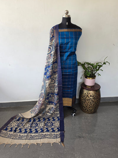 Handloom checked mangalagiri pattu top with chennuri kalamkari duppatta-AK617