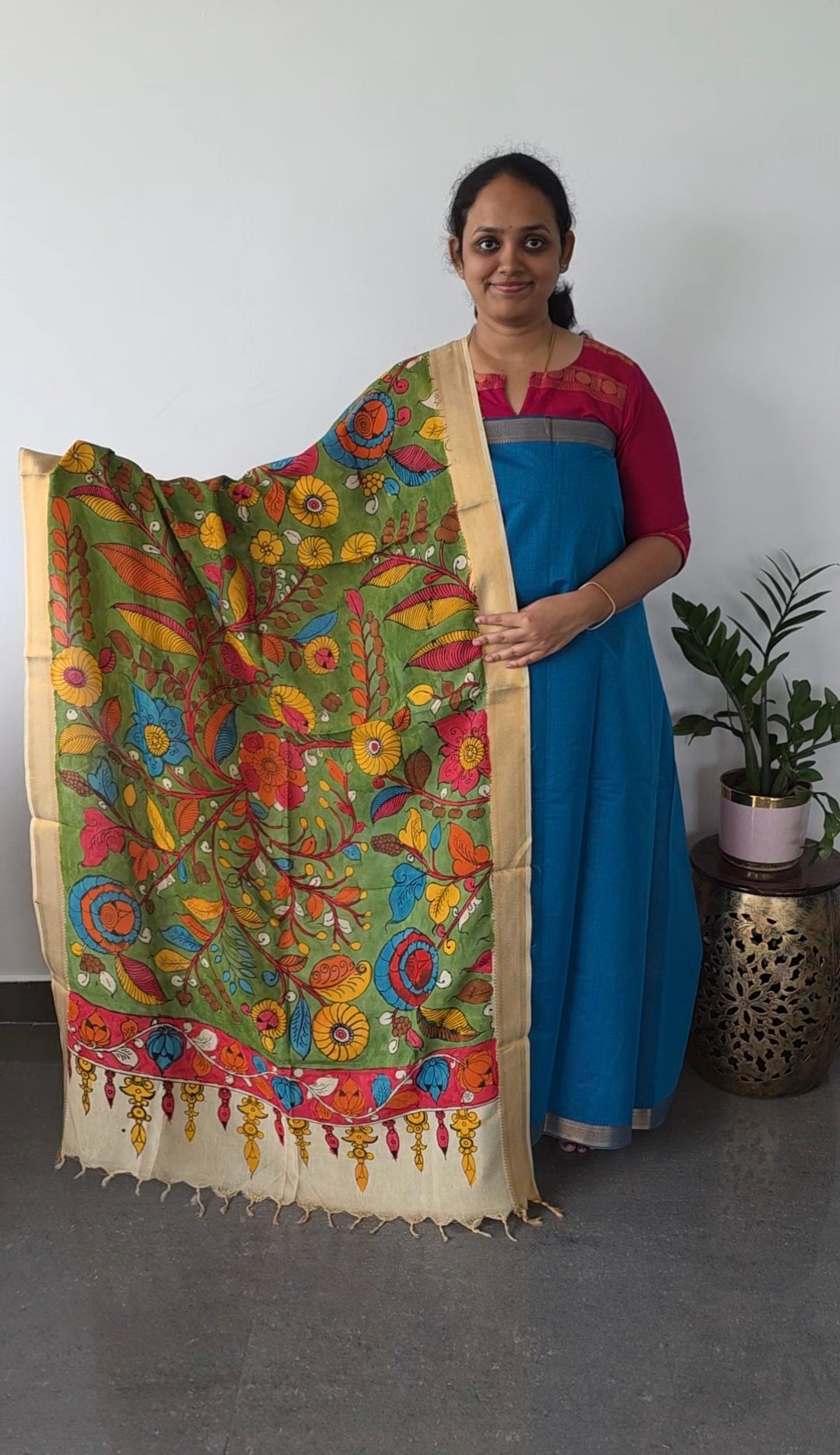 Premium mangalagiri handloom cotton with pure pen kalamkari duppatta  -116