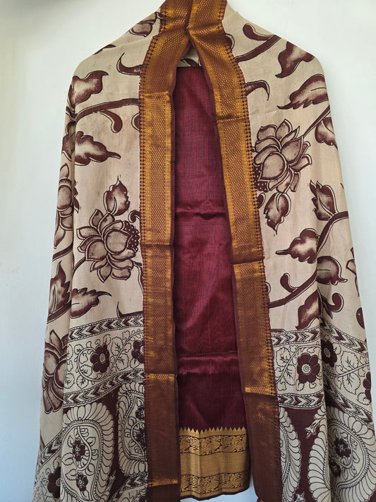 Handloom Mangalagiri silk kanchi border top with chennuri silk kalamkari shawl  - AK102