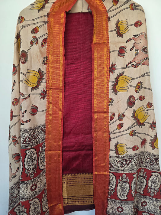 Handloom Mangalagiri silk kanchi border top with chennuri silk kalamkari shawl  - AK105