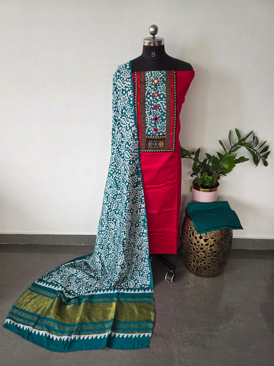 Premium Satoon cotton top with lagdi patta chanderi shawl - AS56