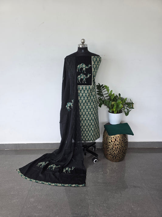 Premium Jaipuri cotton top with appliqué work - green