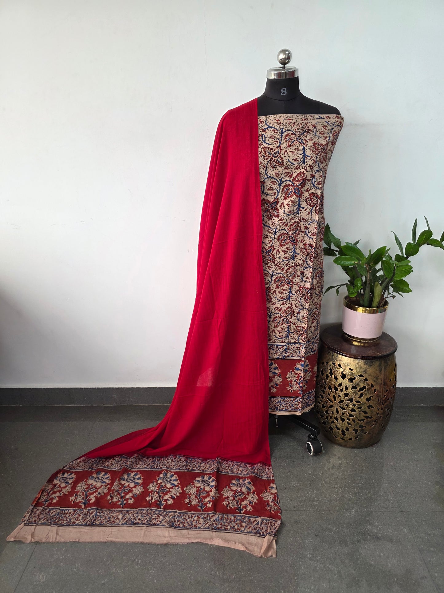 Handblock pure kalamkari cotton with border ( 2 pc set )- AK294