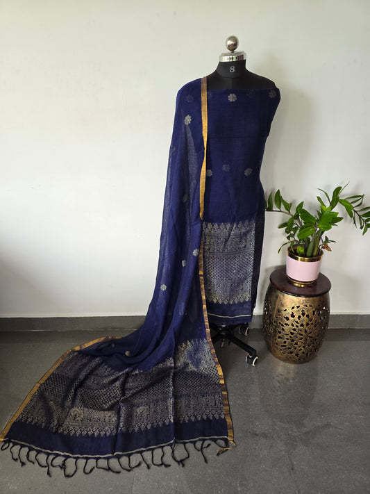 Premium handloom linen jamdhani set (blue)- JMM229