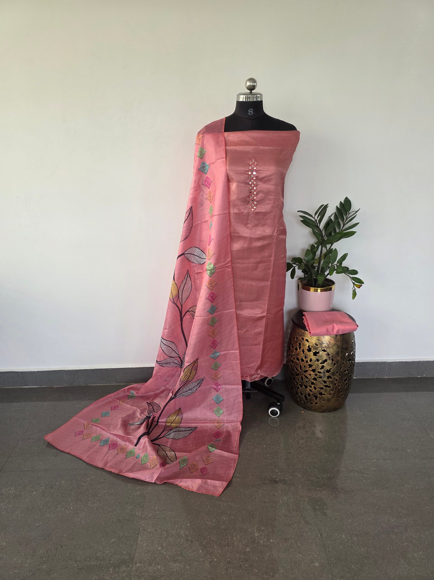 Fancy silk set with floral silk shawl- FSA9