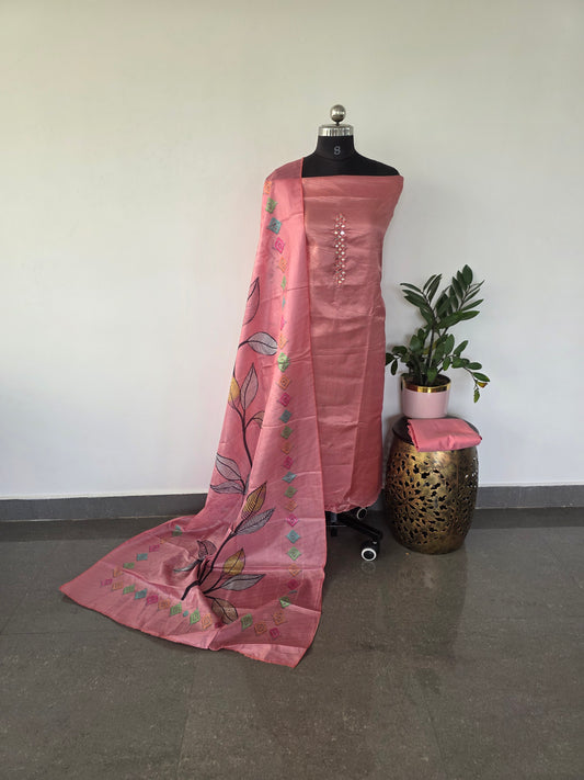 Fancy silk set with floral silk shawl- FSA9