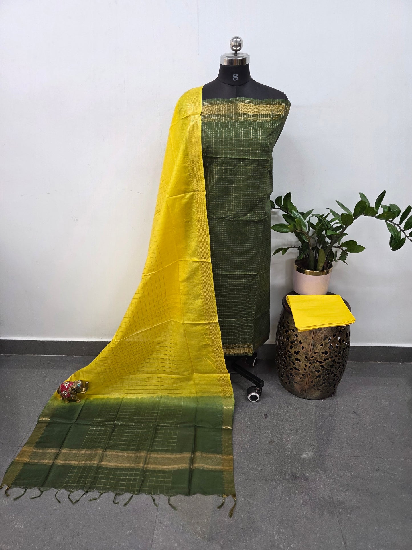 Checked Bhagalpuri fusion mangalagiri silk set - BA524