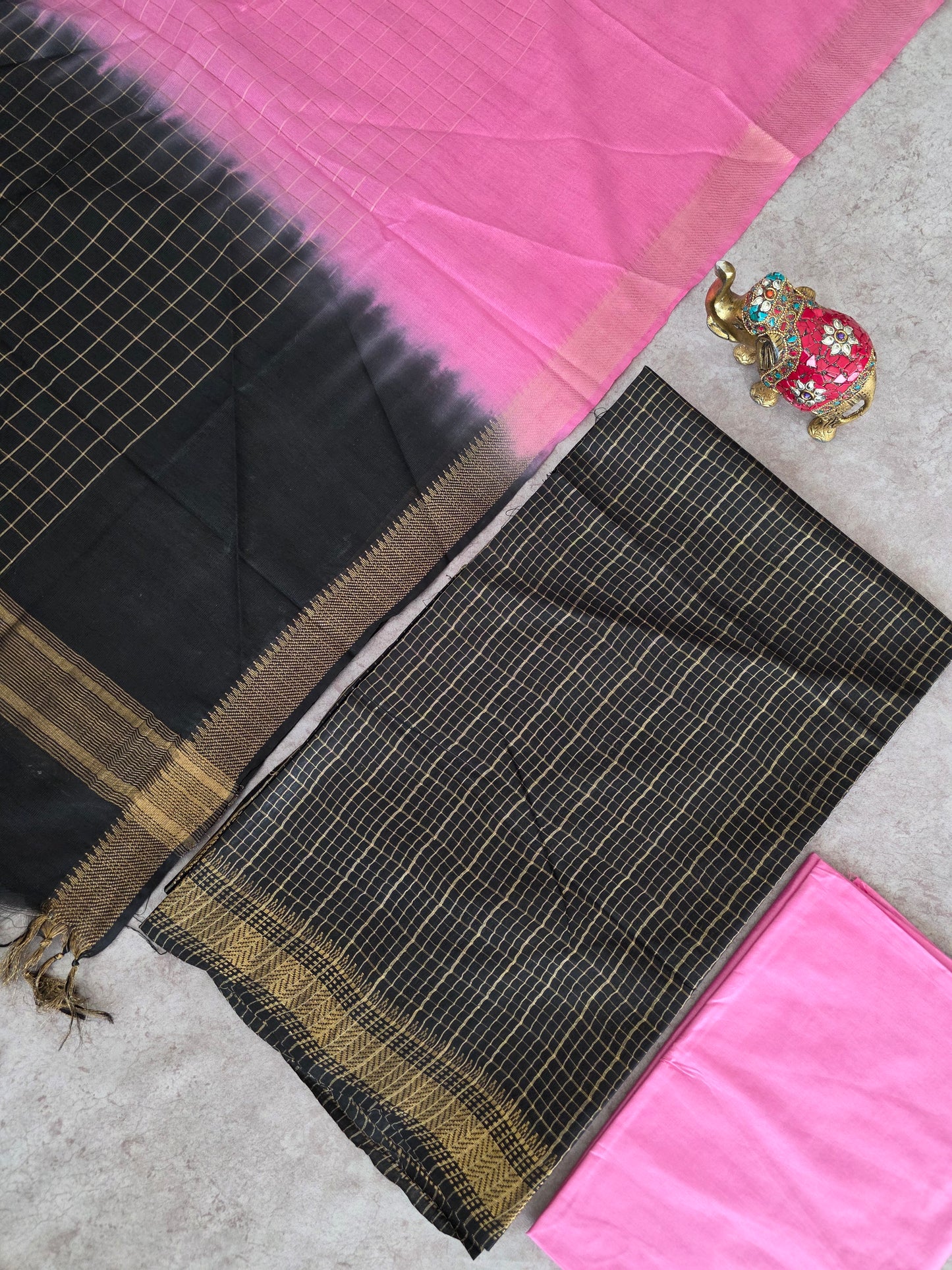 Checked Bhagalpuri fusion mangalagiri silk set - BA525