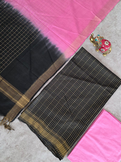 Checked Bhagalpuri fusion mangalagiri silk set - BA525
