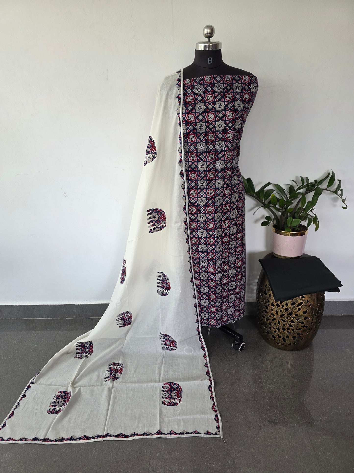 Handcrafted ajrakh cotton set with kantha applique cotton shawl - BAA125