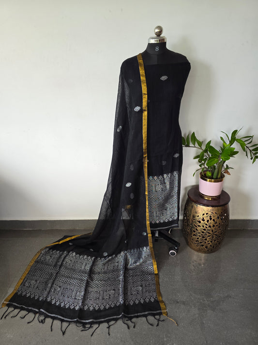 Premium handloom linen jamdhani set (black)- JMM231