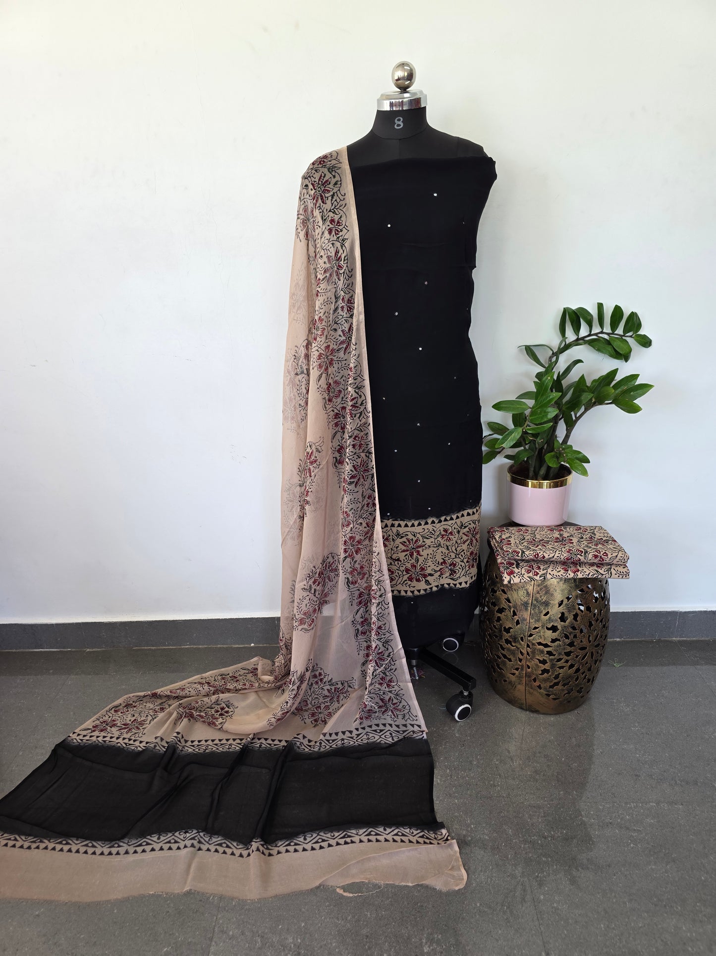 Handblock georgette salwar set with handwork mirror work- GE156